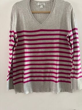 Dress Barn Gray and Bright Pink Striped V-Neck Sweater